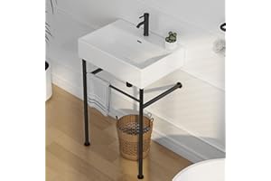 Eridanus 24"x16" Console Bathroom Sink, Free Standing 30 Inch Stainless Steel Support Pedestal Legs, Wall Mount White Vessel Ceramic Vanity Basin, Modern Rectangular Sinks Porcelain, Matte Black