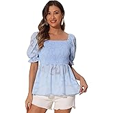 Allegra K Smocked Peplum Tops for Women's Square Neck Ruffle Blouse