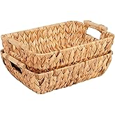 Wicker Storage Baskets with Wooden Handles, Hand-Woven Water Hyacinth Storage Organizers for Throw Blankets, Bedroom, Living Room, Laundry(2 Pack)