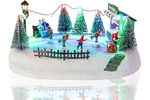 Ovewios Christmas Village Houses, Polyresin Christmas Village Ice Skating Rink & Colorful Warm LED Lights & 8 Songs,Battery Operated, Indoor Christmas Decor,Gift for Village Collection Lovers