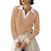 Micoson Womens Fall Long Sleeve Sweaters Lapel V Neck Cable Knitted Pullover Casual Soft Jumper Top