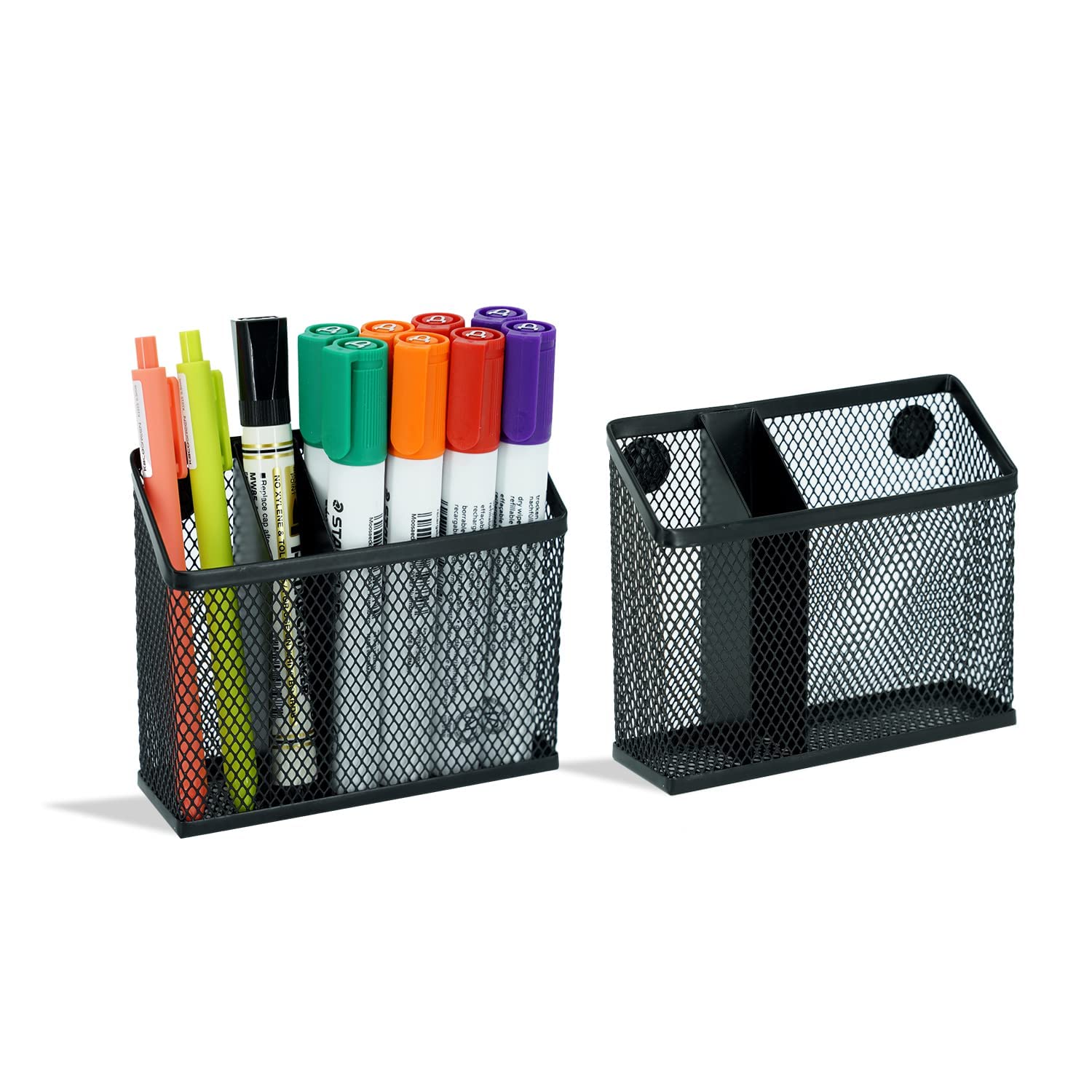 Photo 1 of Neudeco Magnetic Pen Holder,Magnetic Storage Basket for Refrigerator, Locker, Magnetic Dry Erase Marker Holder for whiteboard, Pack 2 (Black)