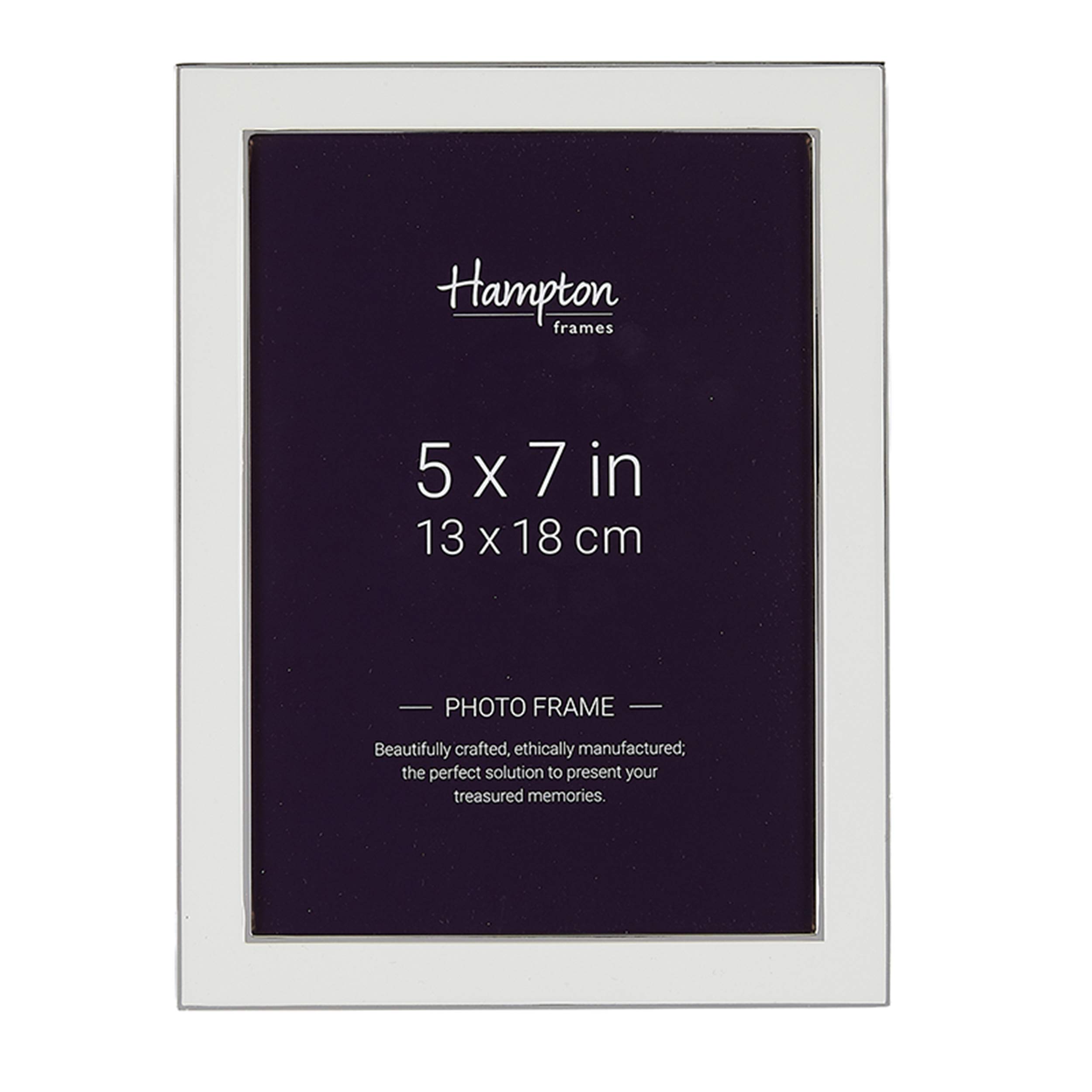 Hampton Frames | Photo Frame | 5x7 (13x18cm), White, Rectangular, Silver Plated, Enamel Inlay | Freestanding, Drop-In Back, Swivel Clips | Display for Photos