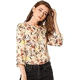 Allegra K Women's Bow Tops Vintage Tie Neck 3/4 Sleeve Floral Blouse