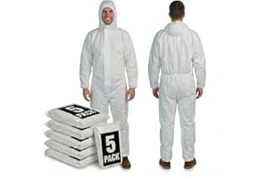 PENTAGON SAFETY EQUIPMENT Heavy Duty Disposable Coveralls with Hood, Breathable Type 5 Protective Suits (Pack of 5)