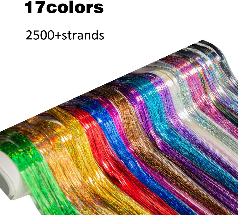 Hair Tinsel Shiny Hair Extensions 2500+ Strands Sparkling Easy to Apply Fashion Colored Hair Accessories Gifts for Kids Girls Women Party Stage Outdoor Activities (40 Inch, 17 Colors)