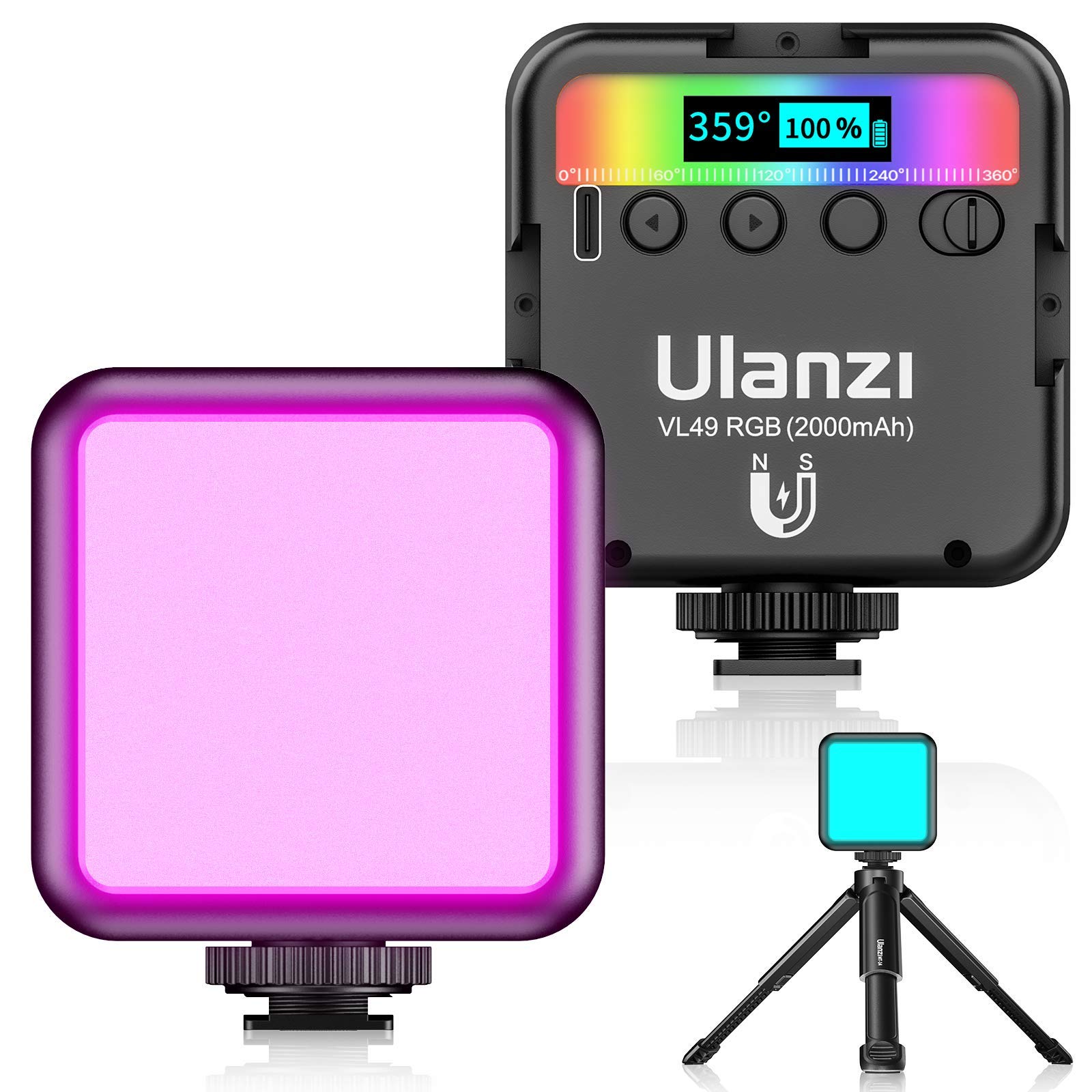 最新 Ulanzi VL49 RGB撮影ライト+三脚付き LEDビデオライト 卓上スタンド 359色RGBモード 明るさ調整が可能 9000k明るい白色光 2000mAh USB充電式 iphone/Gopro/Osmo Pocket/Samsung/Nikon/Canon/Sony/アクションカメラに適用商品画像