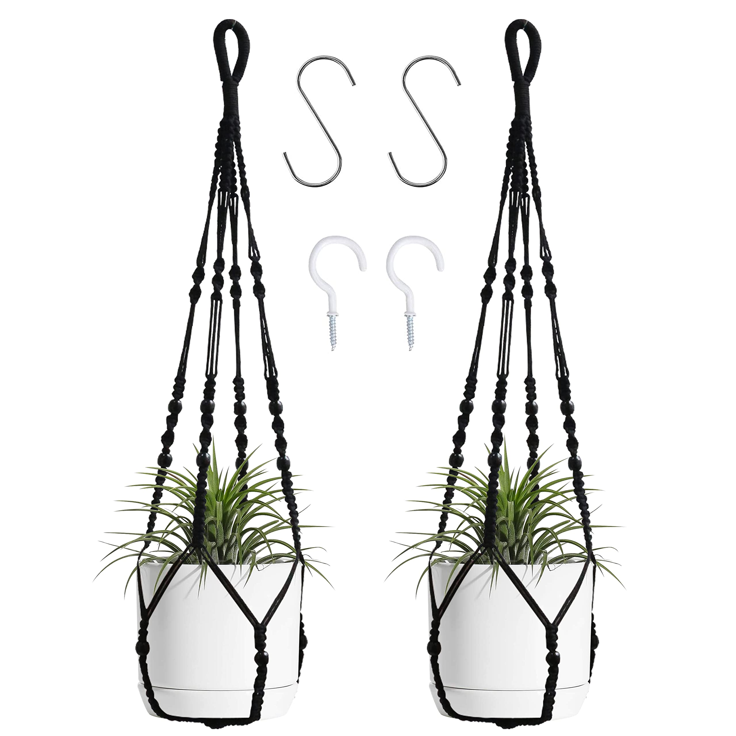Macrame Plant Hanger Indoor Hanging with Wood Beads Macrame Planters No Tassel for Indoor Outdoor Boho Home Decor 35 Inch (Black,2pcs) — image 1