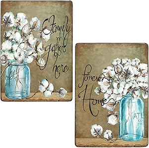 PXIYOU Rustic Cotton Blossoms in Mason Jar Vintage Metal Sign Farmhouse Bathroom Wall Art Country Home Decor 2pcs-8X12Inch