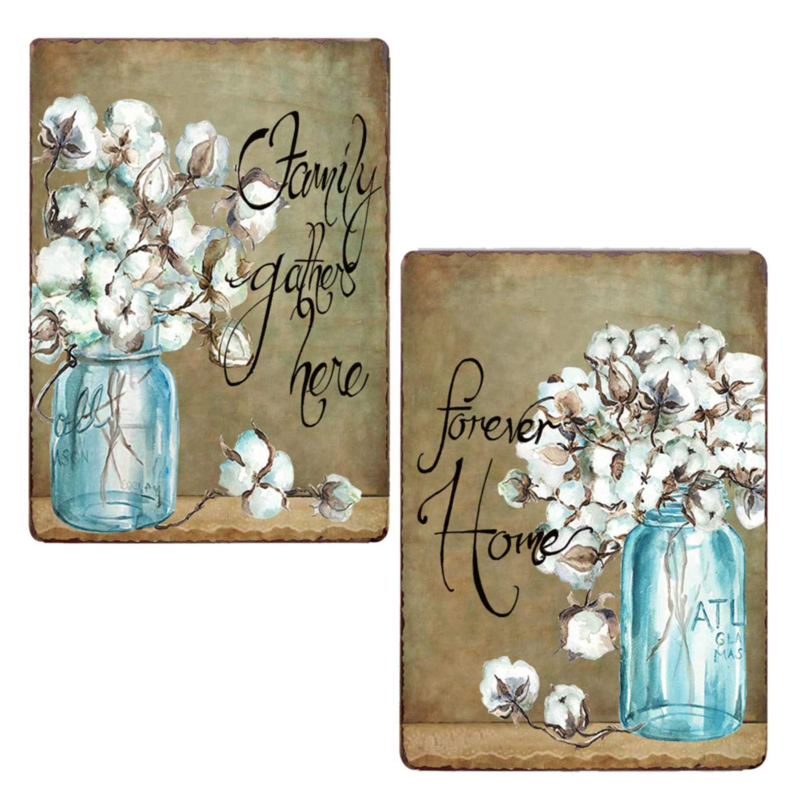Photo 1 of PXIYOU Rustic cotton Blossoms in Mason Jar Vintage Metal Sign Farmhouse Bathroom Wall Art Country Home Decor 2pcs-8X12Inch