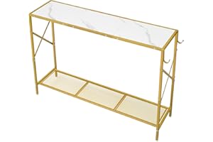 Gewudraw Console Table, 2-Tier Narrow Behind Couch Table, Entryway Table with Mesh Shelf and Hooks, Thin Faux Marble MDF Sofa Table with Golden Frame for Hallway, Living Room, Foyer