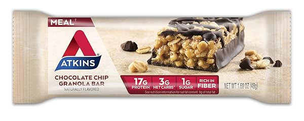 ATKINS CHOCOLATE CHIP GRANOLA PROTEIN MEAL BAR, HIGH FIBER, 17G PROTEIN, 1G SUGAR, 3G NET CARBS, MEAL REPLACEMENT, KETO FRIENDLY, 8 COUNT