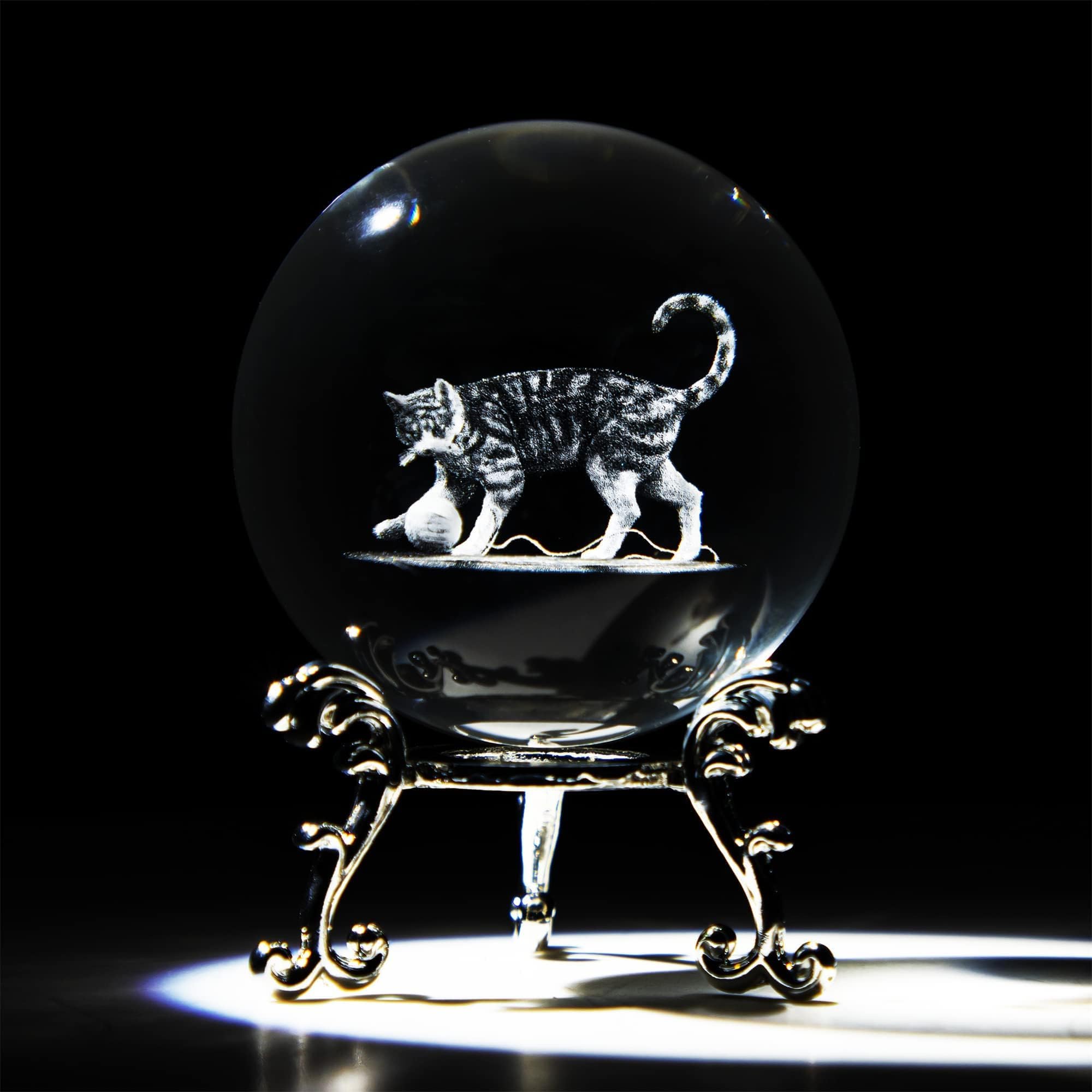 HDCRYSTALGIFTS 60mm 3D Cat Crystal Ball Figurine Gifts for Women Men Glass Laser Engraved Animal Cat Kitty Crystal Ball with Stand Paperweights Glass Sphere Ball Ornaments Decor Gifts for Lovers