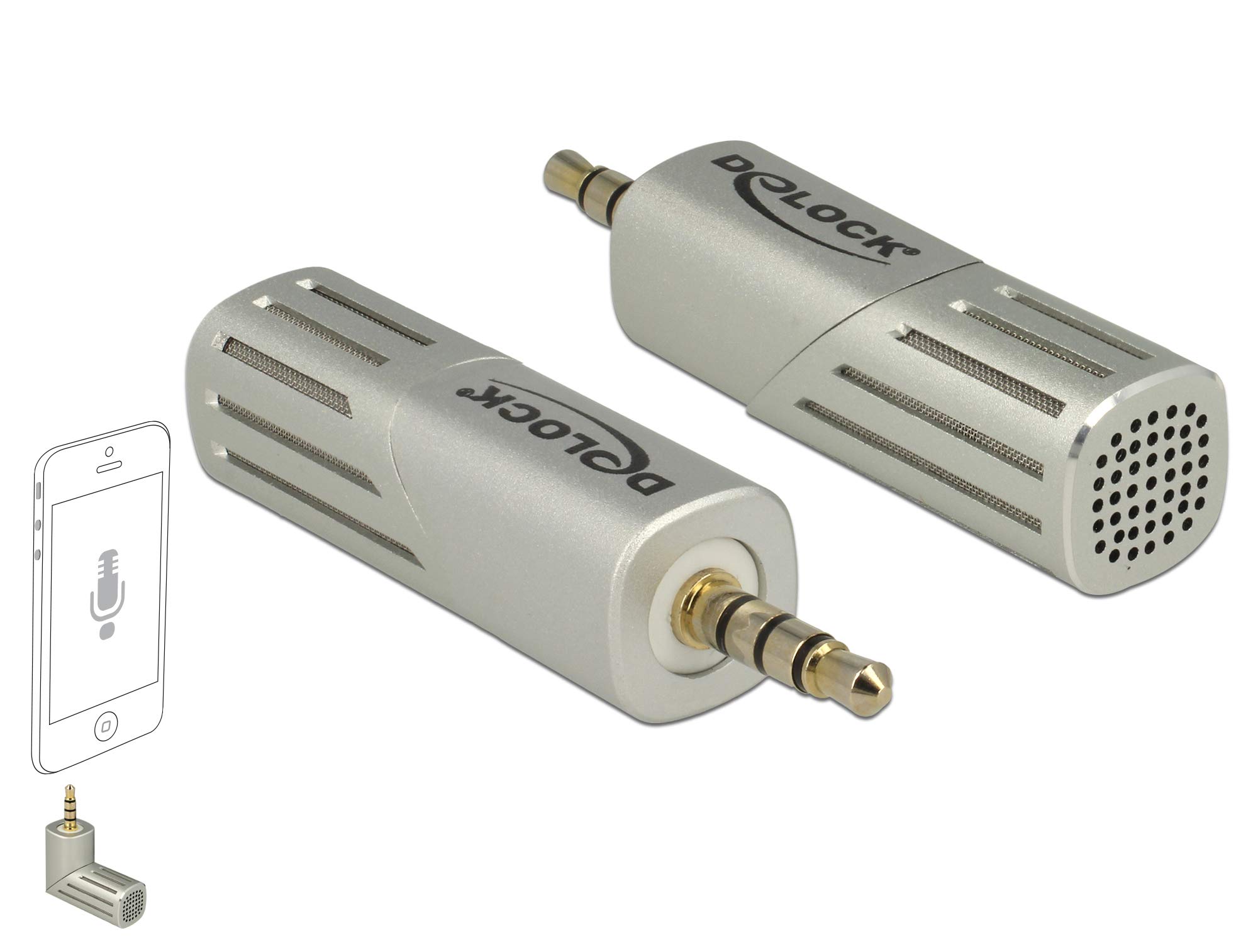 Delock Microphone for Smartphone and Tablet; Jack 3.5 mm 4 Pin, for Android and iPhone Smartphone, Silver, Uni-Directional, 90 Degree Angle, High Range, 65893