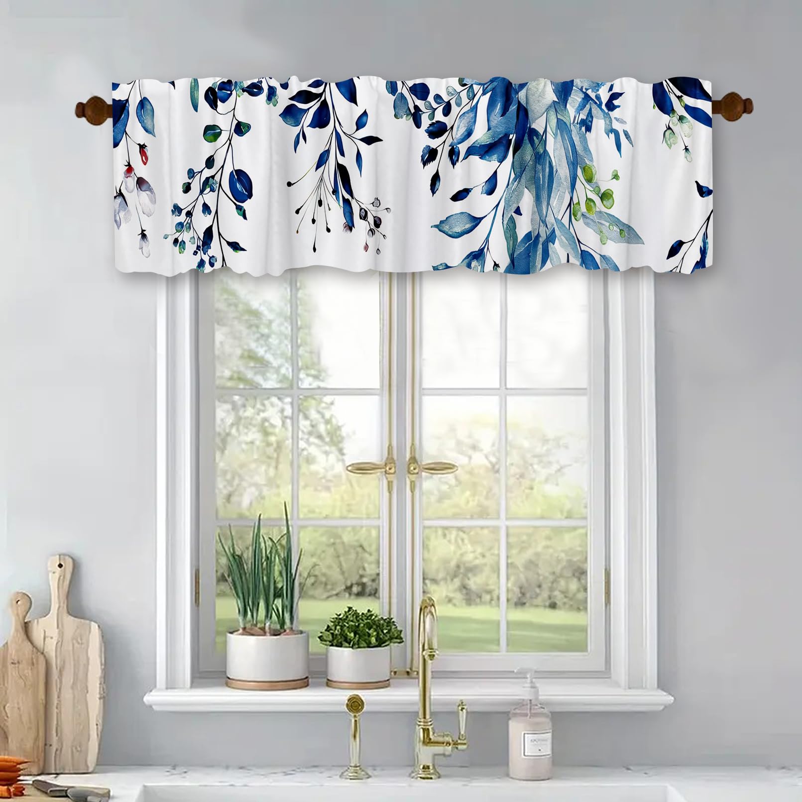 Photo 1 of ++2 pcs++Teal Eucalyptus Botanical Leaves Valances Kitchen Curtains Flower Window Turquoise Blue Floral Plants Botanical Wildflower Bedroom Bathroom Living Room Treatment 54x18Inch