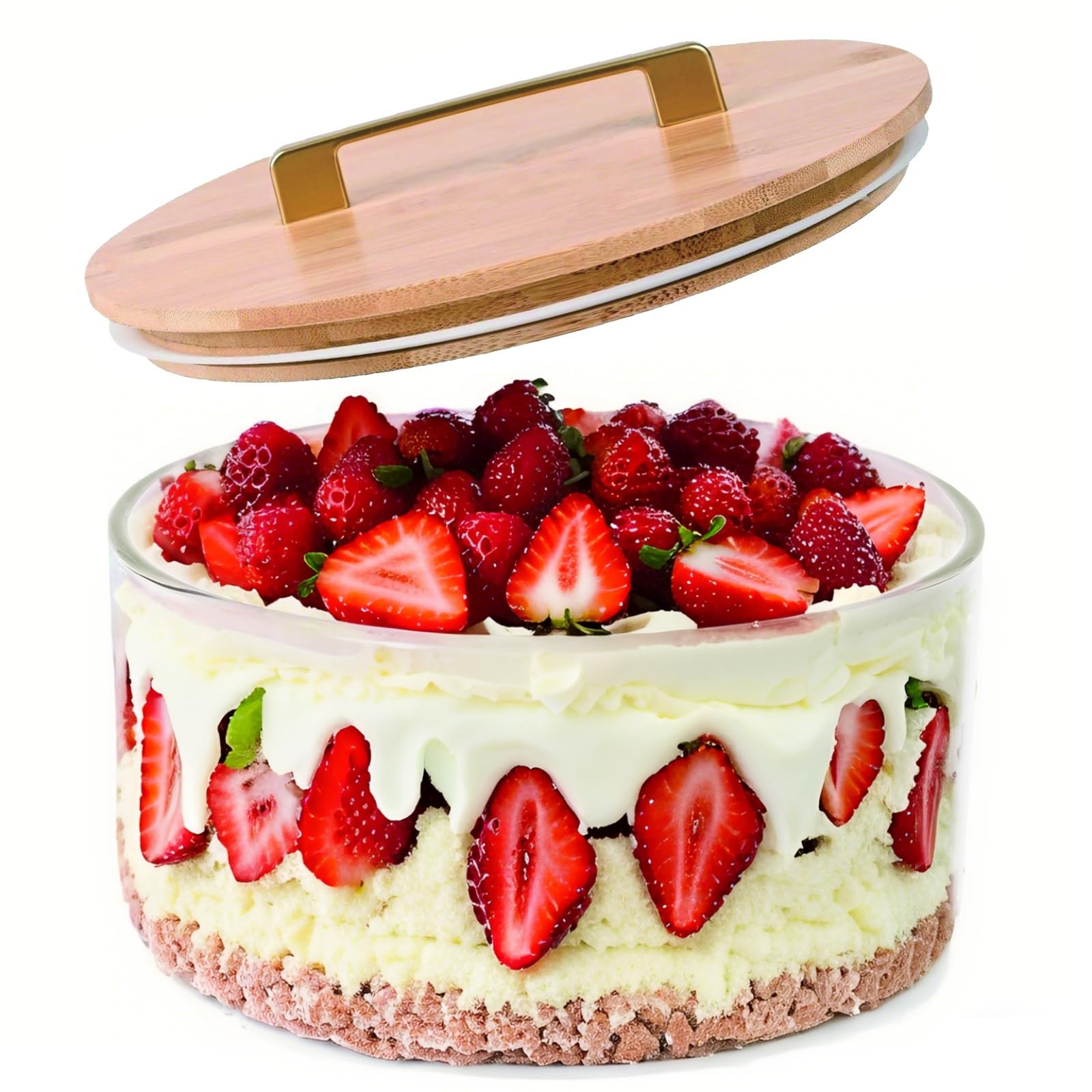 8 Inch Glass Trifle Bowl With Bamboo Lid - Large Salad & Dessert Serving Bowl, 106 Oz