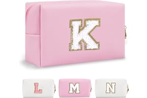 CHAOGREAT Personalized Initial A-Z Preppy Patch Makeup Bag,Small PU Chenille Letter Cosmetic Bag with Zipper for Teen Girls,Pink Cute Toiletry Organizer Bag,Monogrammed Valentines Day Gifts for Women,Letter K