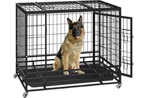 Polar Aurora 37"/46" Pet Dog Cage Heavy Duty Strong Metal Wire Crate Kennel Playpen for Training Indoor Outdoor w/Lockable 4 Wheels &Tray & Double Doors & Locks Design (37)
