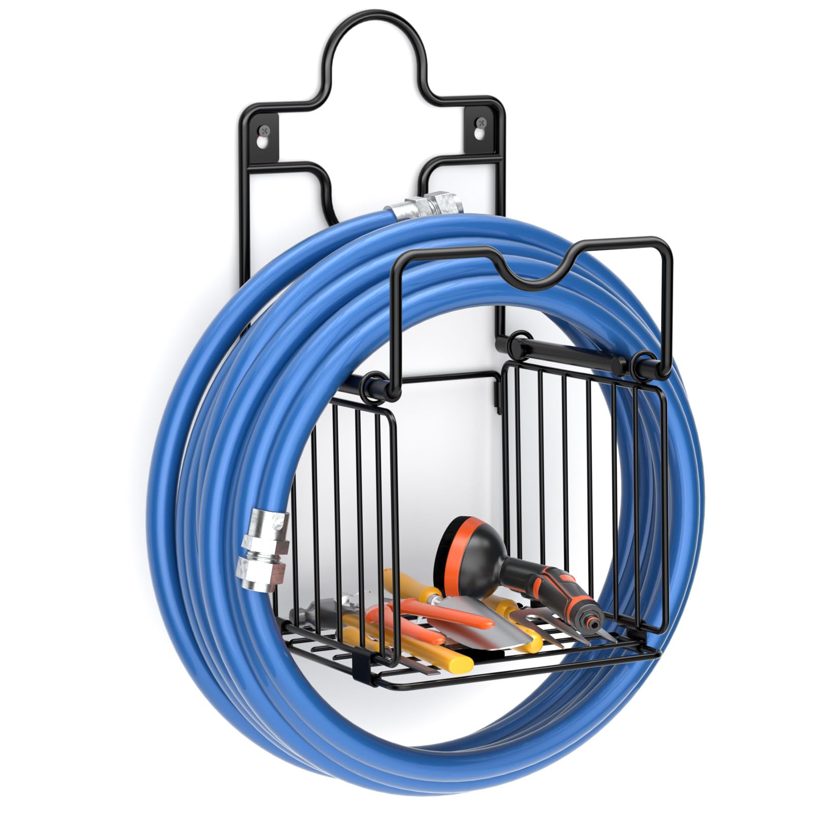 CLESOO Metal Hose Holder with Tool Storage Basket - Sturdy Garden Hose Stand Wall Mount - Durable Water Hose Storage Hanger Rack Stands for Garage Outside Lawn Backyard