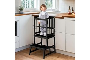COSYLAND Kitchen Nursery Step Stool for Kids,Solid Bamboo Toddlers Standing Tower with Removable Safety Rail,Large Standing T