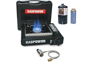 GASPOWOR Propane or Butane Stove with Windblocker, Dual Fuel 10,000 BTU Propane Stove for Camping, Automatic Ignition, Gas Portable Stove with Propane Adapter Hose Carrying Case for Hiking (Fuel Not Included)