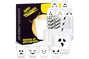 Xuelimei 12oz White Black Ghost Halloween Disposable Plastic Cups with Flat Lids and Straws Happy Halloween clear Cups for Party Supplies Coffee, Beer, Drinks, Ice Cream, Snack and More (100)