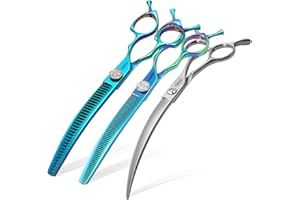 FOGOSP 45°Curved Dog Grooming Scissors Curved Thinning Shears Curved Chunkers Dog Shears 3Pcs Combo (Turquoise)