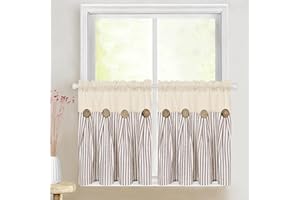 BLEUM CADE Cotton Linen Farmhouse Kitchen Boho Rustic Button Tier Curtains 24 Inch Natural Brown Stripe Color Block Curtain Rod Pocket Small Window Cafe Bathroom Bedroom Drapes