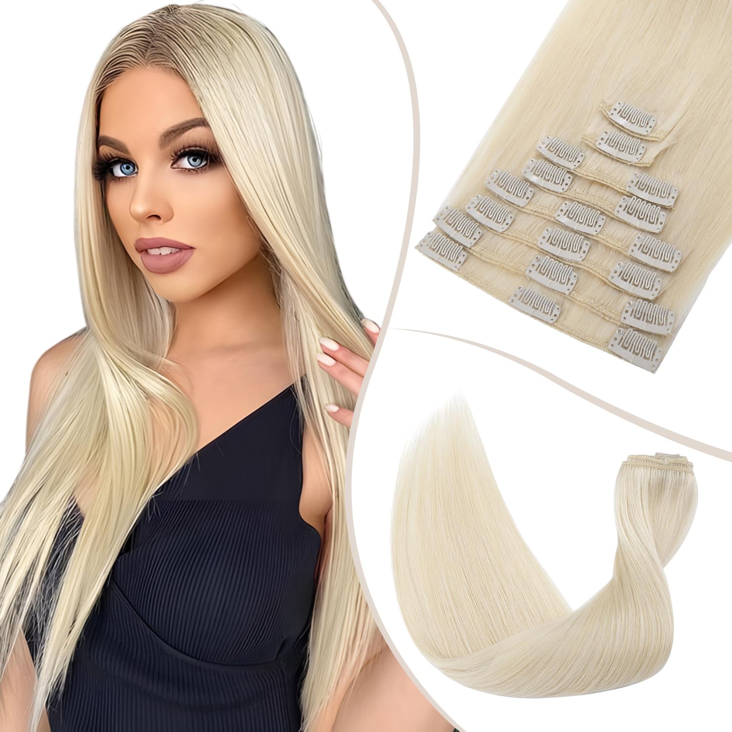 TESS Clip in Hair Extensions Real Human Hair Blonde Remy Seamless 8 Pieces Straight Short for Women/Girls (#60 Platinum Blonde, 08 Inch 45g) — image 1