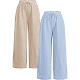RoseSeek Girl's Linen Pants Elastic Waist Wide Leg Pants Beach Vacation Outfits Palazzo Trousers 2 Packs