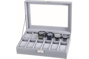 LIANTRAL Watch Box, 12-Slot Leather Watch Case Organizer Watch Holder for Men, Glass Top (Gray)