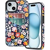 BayPastel X for iPhone 13/14/15 Wallet Case Card Holder Slot Slim Cute Design Soft Leather Protective Phone Case with 2 Credit Card Pockets Cover for 6.1 inch for Women Girls,Blue Floral