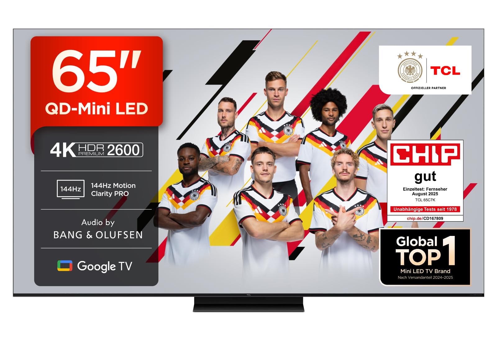 TCL 65C7K 65 Zoll QD-Mini LED Fernseher, 4K HDR Premium 2600, Smart Google TV mit 144Hz Motion Clarity Pro (Dolby Vision IQ & Atmos, CrystGlow HVA Panel, Audio von Bang & Olufsen, Game Master)