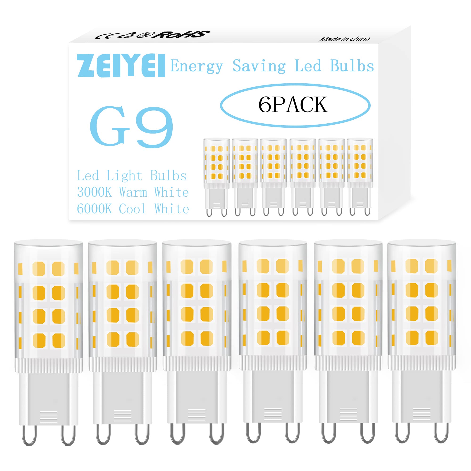 ZEIYEI G9 LED Bulbs, Warm White 3000K, 5W (40-50W Halogen Equivalent), 450LM, Non-Dimmable Flicker-Free, Energy-Saving LED Bulbs - Suitable for Home Decor, Commercial, and Office Lighting-6Pcs