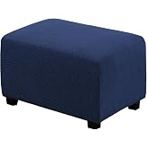 H.VERSAILTEX Ottoman Cover Slipcover for Footrest, Rectangle 29"-34", Navy | Stretch spandex jacquard, elastic non-slip bottom, washable and removable. Fits rectangular ottomans length 29-34 inch