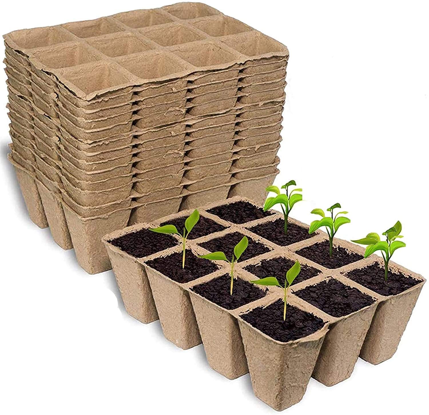 KAHEIGN 240 Cells Seedling Trays, 20Pcs 12 Grids 4CM Square Plant Germination Seed Starter Pot Biodegradable Fibre Transplanting Tray for Plants Fruits Vegetables (16cm x 12cm)