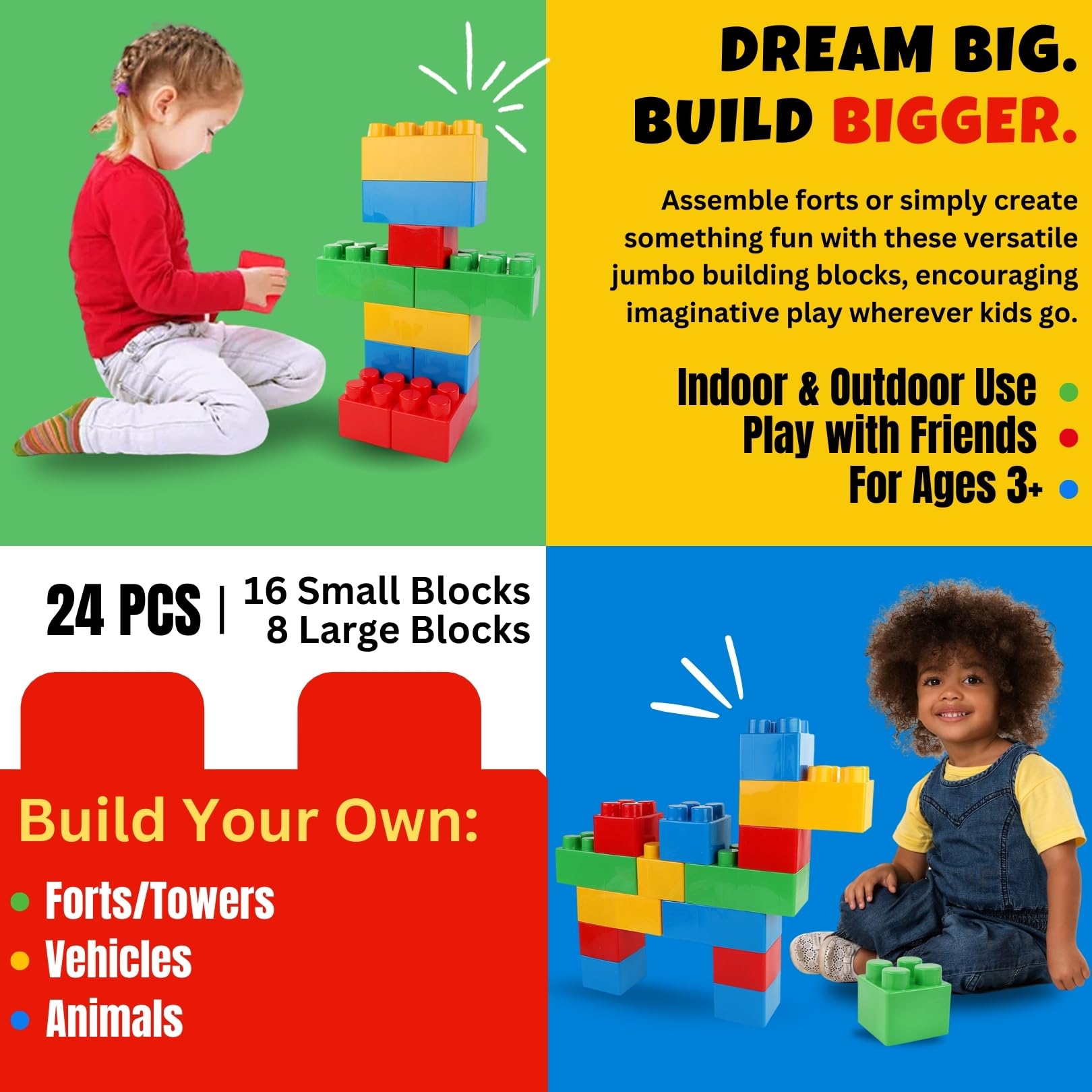 Liberty Imports 24 PCS Giant Building Blocks Starter Set for Toddlers, Plastic Large Building Blocks for Kids Creative Play, Big Stacking Bricks for Children, Kids (Primary Colors)