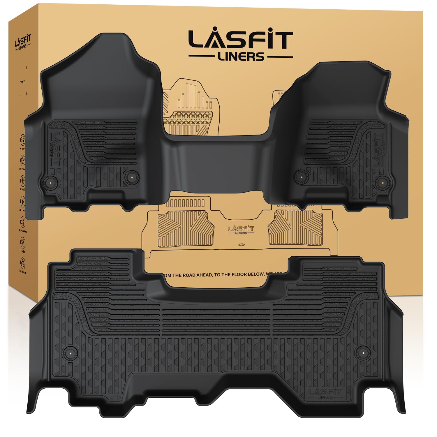 LASFIT Floor Mats for 2019-2024 Dodge Ram 1500 Quad Cab Without 2nd Row Under Seat Storage, Fit for Bench Seat & Carpet Flooring, All Weather TPE Custom Fit Car Mats Floor Liners 1st & 2nd Row, Black Image