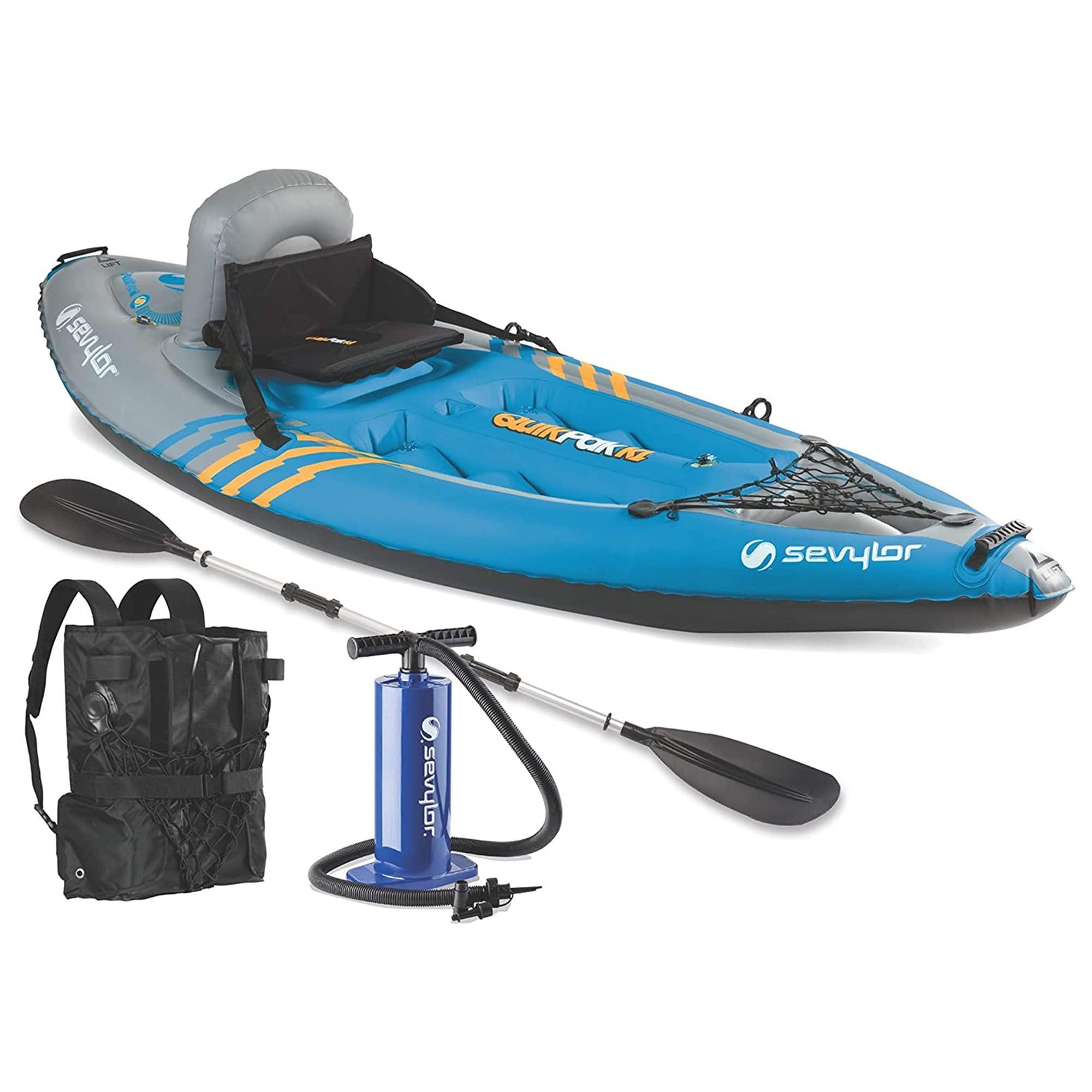Sevylor QuickPak K1 1-Person Inflatable Kayak, Kayak Folds into Backpack with 5-Minute Setup, 21-Gauge PVC Construction; Hand Pump & Paddle Included
