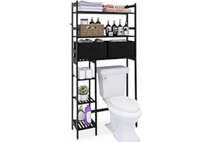 SMIBUY Bathroom Storage Shelf with Drawer, Bamboo Over-The-Toilet Organizer Rack, Freestanding Toilet Space Saver with 3-Tier