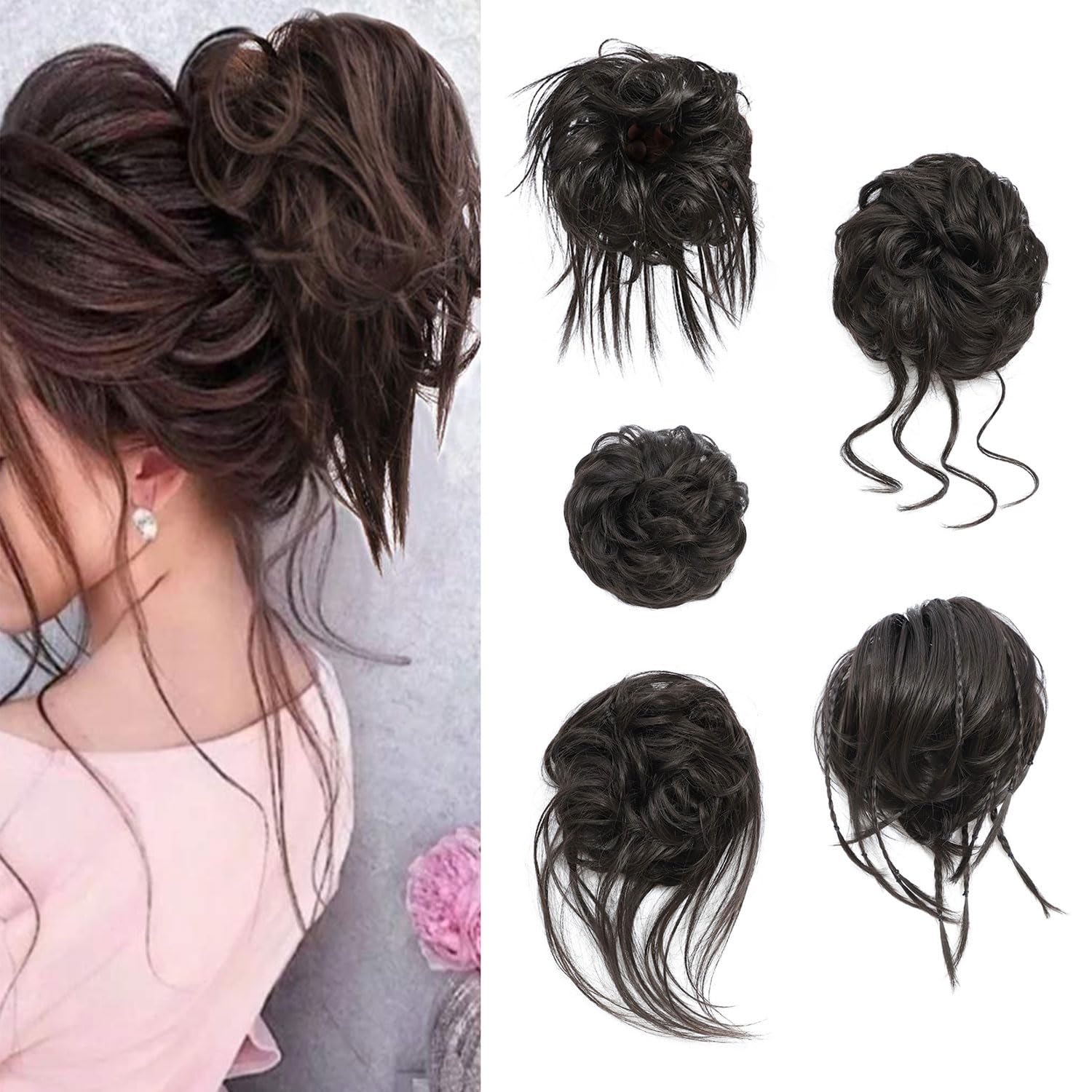 5 PCS Messy Bun Scrunchies Curly Wavy Messy Bun Hair Pieces for Women Hair Scrunchie HAIR Updo Accessories - Natural Black