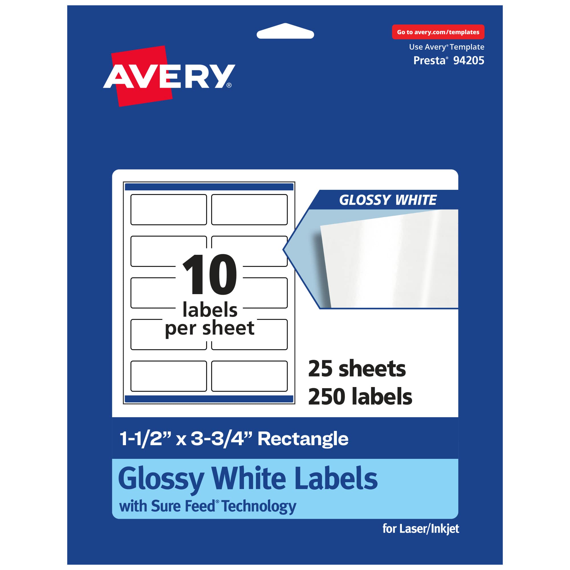 Avery Glossy White Rectangle Labels, Sure Feed Technology, 1.5″ x 3.75″, 250 Glossy White Labels, Print-to-The-Edge, Permanent Adhesive, Laser/Inkjet Printable
