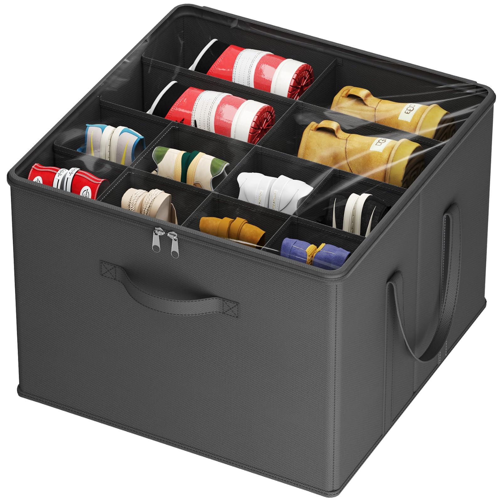 Lifewit Shoe Storage Organizer for Closet, Large Shoe Box Storage Containers with Clear Cover and Reinforced Handles, Foldable Storage Bins for Boots Heels Sneakers, Fits 12-16 Pairs, Black, 1 Pack