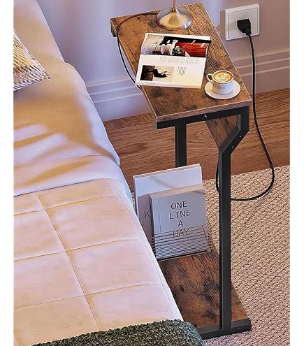 HOOBRO Table Basse Pliable avec Station de Charge, Table d'Appoint en Forme de C avec Poche en Tissu, pour Petits Espaces, Marron Rustique et Noir EBF30CSF01