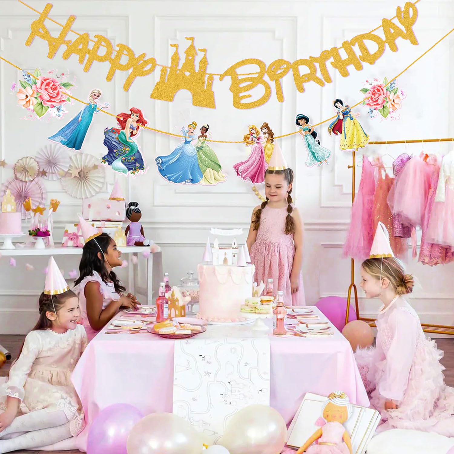 Gold Princess Birthday Banner for Girls, Princess Birthday Party Decoration For Girls Kids Party Baby Shower Decorations