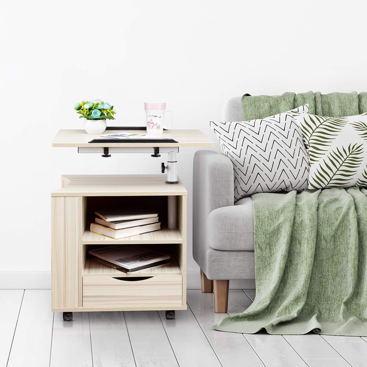 SIDUCAL Multifunctional Bedside Table Height Adjustable & Swiel Wooden Nightstand with Drawers, Rolling Laptop Desk Computer Table, Beige (Right Side): Furniture & Decor