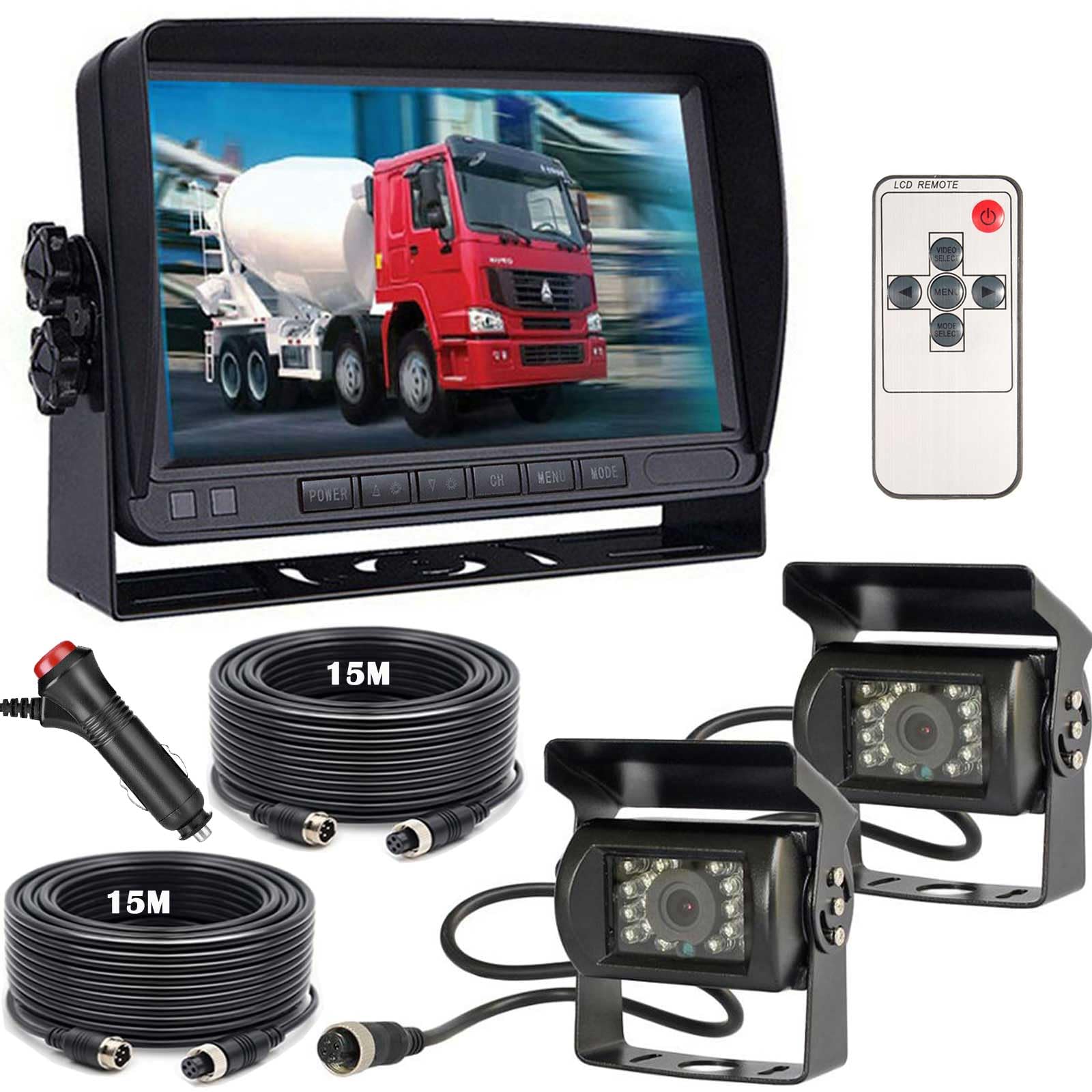 12V-24V 4Pin Car Backup Camera System for RV Bus Trailer Truck, 7" TFT LCD HD Color Car Monitor with 2 18LEDs Night Vision Waterproof Reversing Reverse Rear View Camera