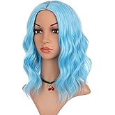 eNilecor Blue Wig, Short Colored Wigs Bob Wig for Women, Natural Wavy Colorful 14 Inch Middle Part Synthetic Wig for Cosplay Party Costume Sky Blue
