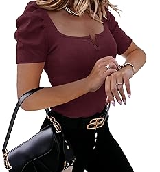 Womens Puffy Sleeve Lightweight Shirts Notch Neck