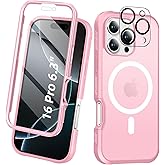 BANLEA Compatible with iPhone 16 Pro Case, Built-in Screen Protector, with Camera Lens Protector, [Compatible with MagSafe] Matte Back Full Body Phone Case, Protective Cover for 16Pro 6.3" (Pink)